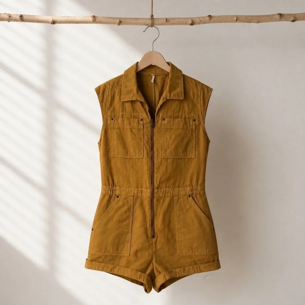 Free People Utility Romper Small Caramel Brown Zip Front Workwear Boho Fall